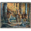 Fringed woven throw blanket with a deer forest scene and Bible verse text