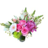 Pink roses, pink peony, snapdragons, spray rose, white tulips, green hydrangea, pink