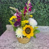 Mixed bouquet in a woven basket with sunflowers and white and purple blooms