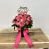 Pink rose bouquet in a black box with a birthday topper and ribbon
