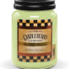 A large candle with calming bamboo and linen scent