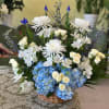 Basket of Blue &amp; White Flowers. hydrangea, fuji mums, spray roses, delphinium