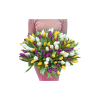 Large bouquet of purple, yellow, and white tulips
