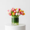 Bouquet of multicolored tulips in a clear glass vase