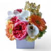 Roses orchids and more arranged in a modern glass cube vase. Perfect