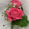 Pink spray roses with babies breath and galax leaf