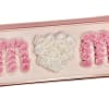 Pink and white roses arranged in a framed heart design with the word MOM.