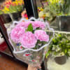 Handheld bouquet of light pink carnations wrapped in a clear sleeve with red hearts.