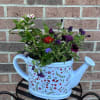 This lovely robin's egg blue ceramic "watering can" planter is adorned with