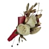 Two ivory spray roses sit against metallic gold leaves with small burgundy