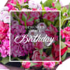 Pink mixed flower bouquet with birthday text overlay