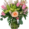 Dutch tulips, orchids, lisianthis, roses, hydrangea, astilbe and fillers arranged in a
