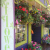 Flower shop storefront with hanging baskets and potted blooms