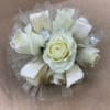 Wrist corsage with ivory ribbon/tulle and white baby roses
