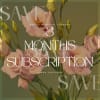 Pink lisianthus stems with buds against a muted green background with text for a 3 month flower subscription