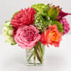 A striking composition of layered pinks, vibrant coral, and sculptural greens, Modern
