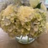 Cream and pale blue hydrangea bouquet in a clear glass vase
