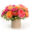 A glowing mix of apricot, peach, and pink blooms, styled with fresh