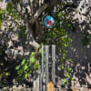 Wind chime hanging from a tree branch with a small bird ornament