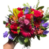 Handheld bouquet of red, pink, purple, and orange flowers