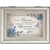 Framed memorial sign with blue flowers and the words 