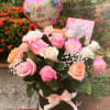 Round Black Box of 24 Roses ( PINK, CREME, PEACH)  greeneries