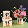 Elegant and vibrant arrangement in a beautifully illustrated mug, featuring pinks and