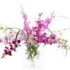 A MIX OF 18 FRESH CUT ORCHIDS IN A GLASS PEDESTAL VASE.
