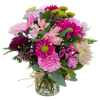 Purple daisys, lavender chrysanthemums, purple cremon, pink and purple alstomeria, green button