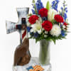 A striking patriotic arrangement designed to honor courage, service, and remembrance. This