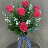 Six beautiful roses, pictured in bright pink, in stunning arrangement, perfect for