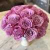 18 Queen's Crown garden roses in a white footed pedestal vase. A