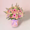 Full pink-and-lavender hatbox bouquet with roses, gerbera, carnations, chrysanthemums, eucalyptus accents