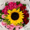 A single, bold sunflower anchored amid a tight cluster of pink and