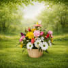 Mixed bouquet in a wooden basket with daisies and tulips