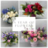 Collage of four floral arrangements in blue, pink, red, and purple tones
