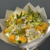 yellow and white long stem roses with a variety of filler flowers