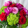 Bouquet of red roses, pink blooms, and green hydrangeas