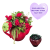 A bright strawberry-shaped teapot bursting with cheerful color-this flower arrangement in a