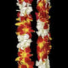 Red, white, and yellow flower lei on a black background