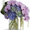A beautiful arrangement in a vase containing a purple hydrangea, phalaenopsis orchid