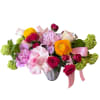 Pink roses, pink peonies, hot pink spray roses, yellow ranunculus and viburnum