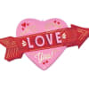 Pink heart-shaped balloon with a red arrow reading 