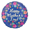 A standard sized blue mylar covered in flowers that reads "Happy Mother's