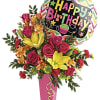 Birthday bouquet with roses, lilies, and a Happy Birthday balloon