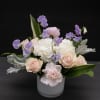 Pink mondial roses. peonies, white hydrangea, dusty miller and lavender sweet pea