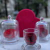 Three red roses displayed under glass domes with a red heart backdrop