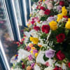 Rows of colorful rose bouquets wrapped in white paper
