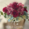 Bouquet of red roses and pink orchids with pale hydrangeas