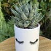 Potted succulent in a white ceramic planter with eyelash design